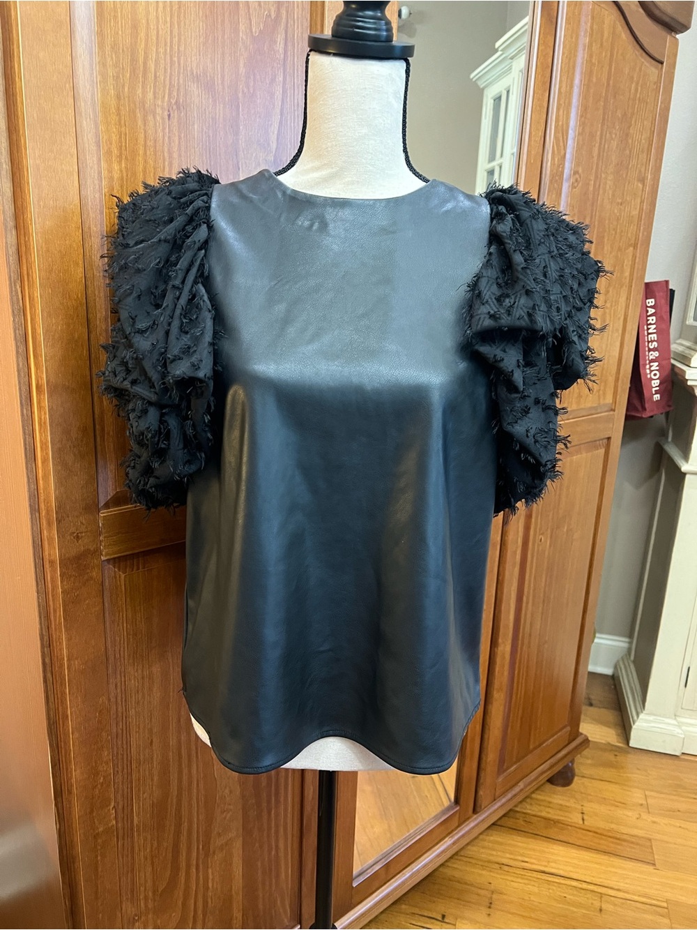 THML Black Faux Leather Flutter Sleeve Top - Picture 2 of 6